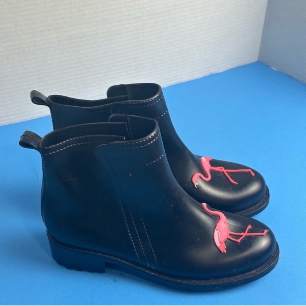 Black Ankle Boots with Pink Flamingo Design